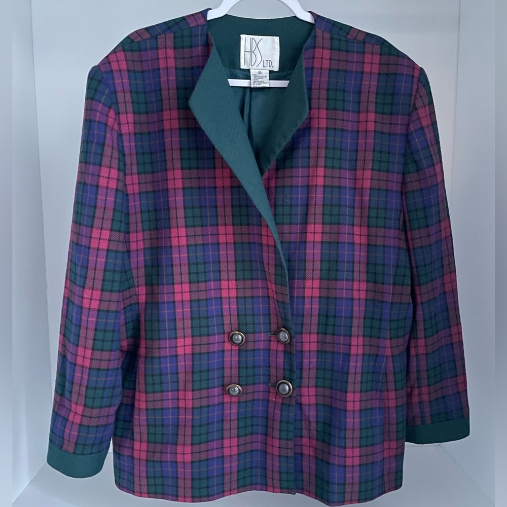 Vintage Women's Plaid Jacket - Pink and Green